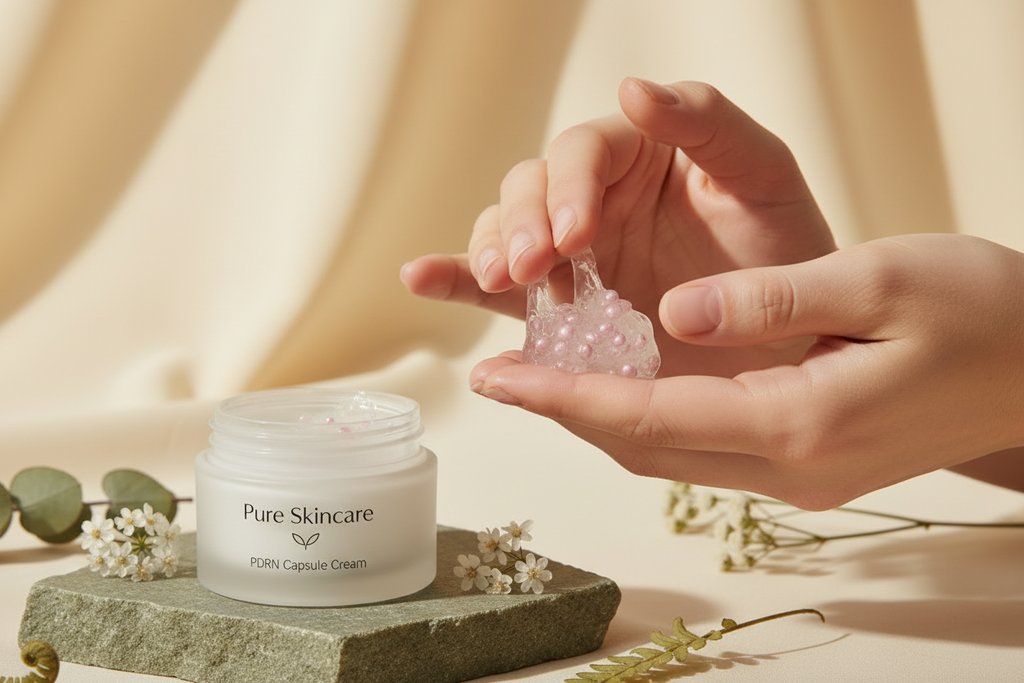 Hands applying PDRN capsule cream